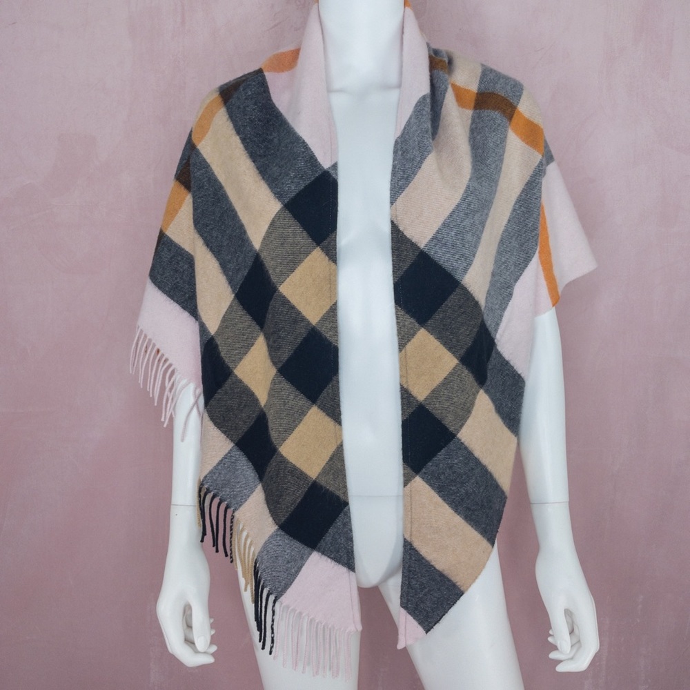 Burberry Pink, Black, Gray & Tan Check Wool Wrap Scarf